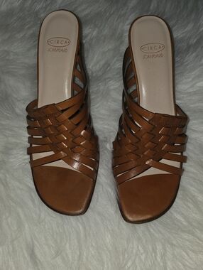 Joan & David Tan Brown Woven Leather Slide Mules